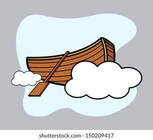 Old Wooden Boat Floating Over Cloud - Vector Cartoon Illustration