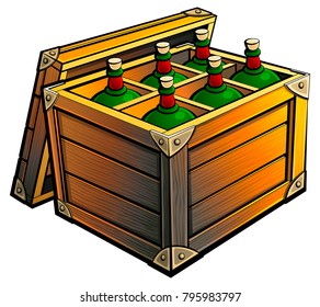 Old wooden box with bottles of alcohol.