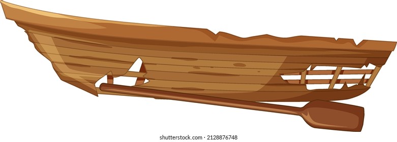 An old wooden broken boat on white background illustration