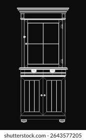 Old wooden cabinet with two solid doors and a central glass panel, featuring intricate vintage details and a classic design. The black and white line drawing highlights its structure against a dark.