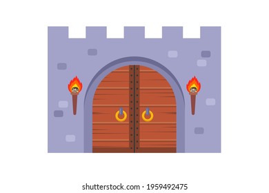 old wooden castle gate on a white background. flat vector illustration.