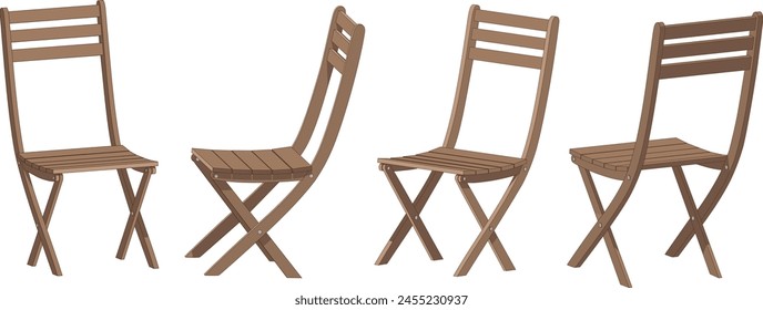 Old wooden chair with a simple design, isolated on a white background, and displayed from different angles.