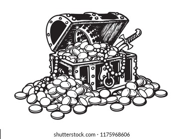 Old wooden chest full of golden coins and jewelry.  Pirate treasure, pearls, crown, dagger. Black and white hand drawn isolated vector illustration in sketch style. Money finance wealth concept.