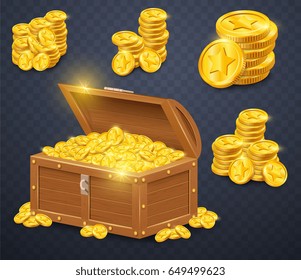 Old wooden chest with gold coins. Many treasures in game style.