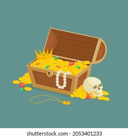 Old wooden chest with open lid full of gold with piles of coins, gemstones, pearl necklace, golden crown and skull. Pirate treasure, reward, danger, exploration. Cartoon style illustration. Vector.