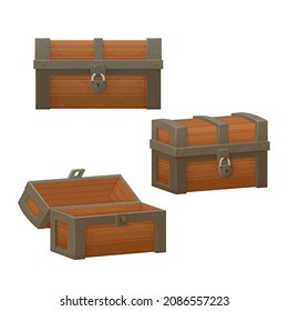 Old wooden chest with opened and closed lid.  Pirate treasure. Vintage trunk.Cartoon style illustration. Vector.