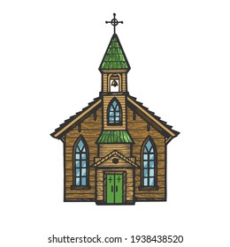 Old wooden church chapel color sketch engraving vector illustration. Scratch board style imitation. Hand drawn image.