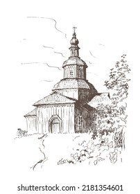 Old wooden church in the tradition of folk Ukrainian architecture. Brown colored vector traced architectural landscape 