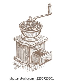 Old wooden coffee grinder with a handle for grinding coffee beans into powder. Design for cafe menu. Sketch vector