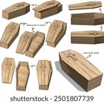 An old wooden coffin, isolated on a white background and displayed from various angles.