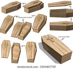 An old wooden coffin, isolated on a white background and displayed from various angles.