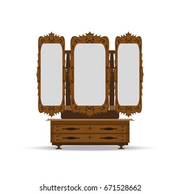 An old wooden console mirror
 with mirrors in retro style. Illustration for web design