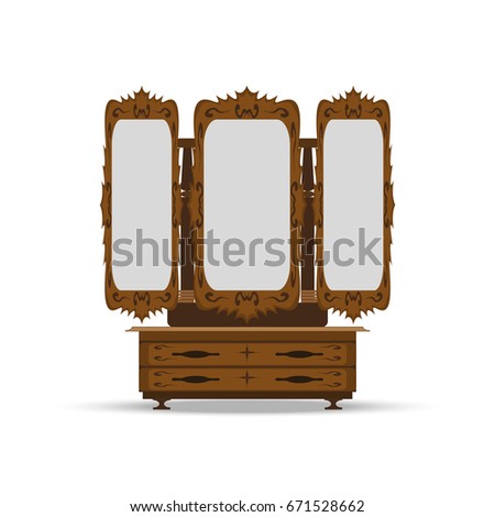 An old wooden console mirror
 with mirrors in retro style. Illustration for web design