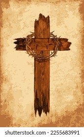 Old wooden cross with crown of thorns, vector illustration