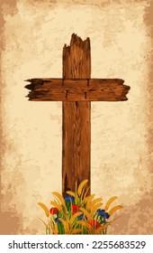 Old wooden cross with rusty nails, vector illustration