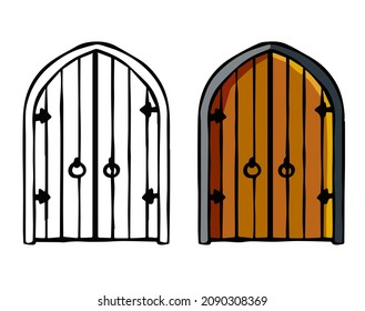 Old wooden door of castle. Ancient entrance to fortress or house. Cartoon scenery. Gate to dungeon. Door with arch and doorway. Hand drawn outline illustration