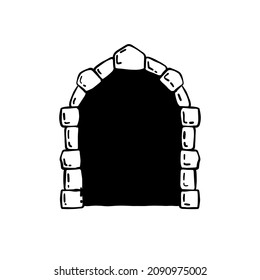 Old wooden door of castle. Ancient entrance to fortress or house. Cartoon scenery. Gate to dungeon. Door with arch and doorway. Hand drawn outline illustration