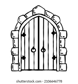 Old wooden door of castle. Ancient entrance to fortress or house. Cartoon scenery. Gate to dungeon. Door with arch and doorway. Hand drawn outline illustration