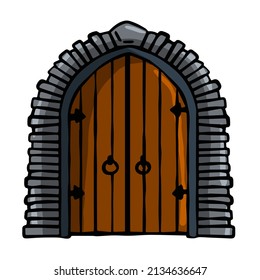 Old wooden door of castle. Ancient entrance to fortress or house. Cartoon scenery. Gate to dungeon. Door with arch and doorway. Hand drawn outline illustration