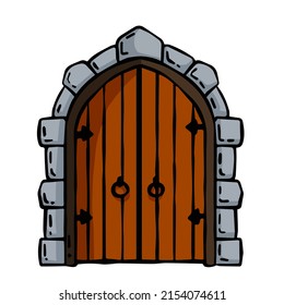 Old wooden door of castle. Ancient entrance to fortress or house. Cartoon scenery. Closed Gate to dungeon. Door with arch and doorway. Hand drawn outline illustration