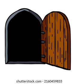 Old wooden door of castle. Ancient entrance to fortress or house. Cartoon scenery. Stone Gate to dungeon. Door with arch and doorway. Hand drawn outline illustration