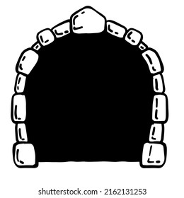 Old wooden door of castle. Ancient entrance to fortress or house. Cartoon scenery. Gate to dungeon. Door with arch and doorway. Hand drawn outline illustration