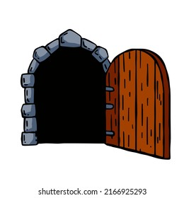 Old wooden door of castle. Ancient entrance to fortress or house. Cartoon scenery. Open Gate to dungeon. Door with arch and doorway. Hand drawn outline illustration