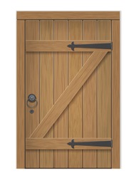 Old Wooden Door. Closed Door, Made Of Wooden Planks, With Iron Hinges. Vector Detailed Isolated Illustration.