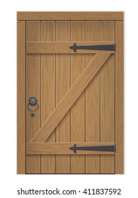 Old wooden door. Closed door, made of wooden planks, with iron hinges. Vector detailed isolated illustration.