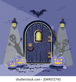 The old wooden door is decorated for Halloween with funny pumpkins, bat, cobwebs and antique lanterns. Happy Halloween. Night scene. Bright vector illustration for postcard, congratulations, flyer or 