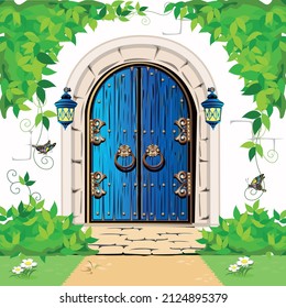 Old Wooden Door To Fairyland. Blue Double Door In Vintage Style. Vector Illustration Of Fairy Tale Architecture In Cartoon Style.