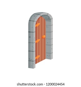 Old wooden door with golden handle and stone frame. Isometric vector element for mobile or computer game