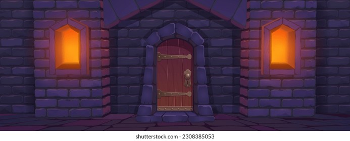 Old wooden door of medieval castle. Vector cartoon illustration of stone wall, arch doorway, illuminated windows. Ancient dungeon, underground prison, royal palace, fortress facade. Game background