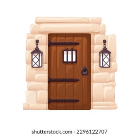 Old wooden door of medieval prison cell, jail. Ancient doorway, entrance with metal bars, lanterns. Dungeon, basement entry in castle. Flat graphic vector illustration isolated on white background
