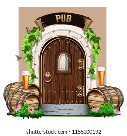 Old wooden door to the pub with wooden barrels and beer. Colorful vector illustration.
