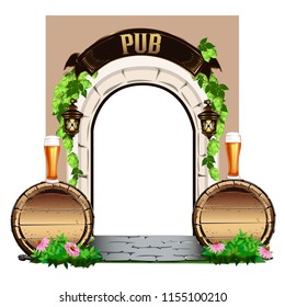 Old wooden door to the pub with wooden barrels and beer. Colorful vector illustration.