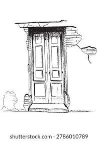 Old Wooden Double Door with Peeling Plaster Wall Sketch