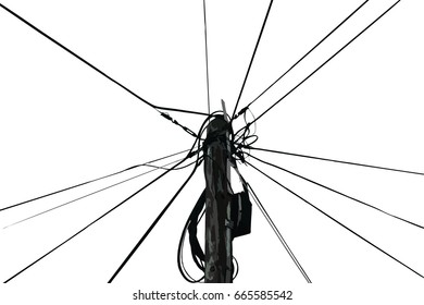 Old wooden electricity post with multiple cables attached - vector illustration
