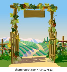 Old wooden farm gate with signboard, grapes and Mediterranean landscape with vineyards. Wine-making concept frame and background. Wine label design. Vector illustration