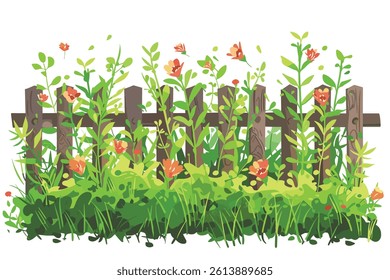 An old wooden fence painted in watercolor. A fence made of old boards on a background of green plants with pink flowers.