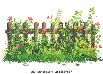 An old wooden fence painted in watercolor. A fence made of old boards on a background of green plants with pink flowers.