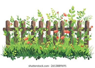 An old wooden fence painted in watercolor. A fence made of old boards on a background of green plants with pink flowers.