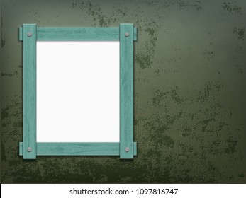 Old wooden frame hanging on the rough peeling wall. Blank background for copy space. Stock vector Illustration.