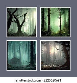 Old wooden frenzied dark evil haunted house with evil spirits with full moon cold foggy atmosphere in the forest. Vector illustration of a spooky foggy forest at night. Set posters