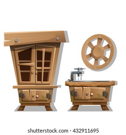 Old wooden furniture. Kitchen interior in the style of the Wild West. Vector illustration.