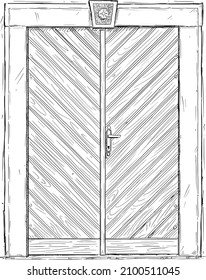 Old wooden gate or door. Vector drawing or illustration.