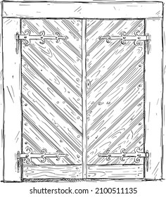 Old wooden gate or door. Vector drawing or illustration.