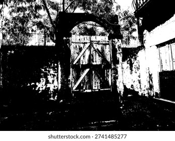 Old wooden gate with stone arch in high contrast stencil style, monochrome abandoned entrance illustration, grunge antique doorway graphic for gothic and retro design.