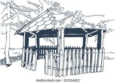 Old wooden gazebo in the woods with little river flowing nearby. HAND DRAWN graphite sketch.