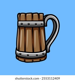 old wooden glass of beer isolated colored drawing line art style sketch classic vintage design illustration